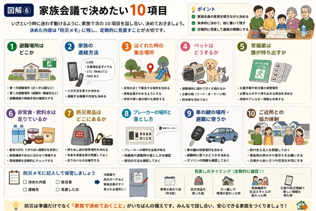 家族会議で話し合いたい10項目を一覧でまとめた保存版図解。①避難場所、②家族の連絡方法、③はぐれた時の集合場所、④ペットの避難方法、⑤常備薬やお薬手帳の持ち出し担当、⑥非常食・飲料水の備蓄状況、⑦防災用品の保管場所、⑧ブレーカーの場所と落とし方、⑨車の鍵の保管場所と避難時の利用方針、⑩ご近所との協力体制について、家族全員で事前に話し合い、内容を防災メモに残して定期的に見直すことの重要性を分かりやすく紹介したチェックリスト形式の図解。