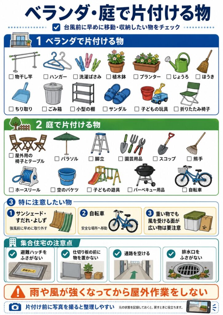 台風前にベランダや庭から片付けたい物をまとめた図解。
ベランダでは、物干し竿、ハンガー、洗濯ばさみ、植木鉢、プランター、じょうろ、ほうき、ちり取り、ごみ箱、小型の棚、サンダル、子どもの玩具、折りたたみ椅子などを、室内や物置へ移動するよう示している。
庭では、屋外用の椅子とテーブル、パラソル、脚立、園芸用品、スコップ、熊手、ホースリール、空のバケツ、子どもの遊具、バーベキュー用品、自転車などを片付ける内容をまとめている。
サンシェード、すだれ、よしずは風を受けやすいため、強風前に早めに取り外すこと、自転車は安全な場所へ移動すること、重い物でも風を受ける面積が広い場合は転倒や飛散に注意することを説明している。
集合住宅では、避難ハッチ、隣室との仕切り板、共用通路、排水口をふさがないよう注意することを示している。
また、雨や風が強くなってから屋外作業を行わないこと、片付け前に写真を撮っておくと、移動する物を整理しやすく、元の状態へ戻すときにも役立つことを案内している。
