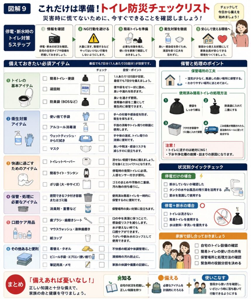 停電・断水時のトイレ対策を確認できる保存版チェックリストの図解。簡易トイレ(凝固剤・便袋)、防臭袋(BOSなど)、トイレットペーパー、ウェットティッシュ、アルコール消毒液、使い捨て手袋などの備蓄状況をチェックできるほか、使用済み簡易トイレの保管場所や家族全員が使い方を理解しているかも確認できる内容になっている。また、「停電のみ」と「停電+断水」で取るべき行動の違いや、家族で備えについて話し合う重要性もまとめた、スマートフォンで保存して活用できるチェックリスト。