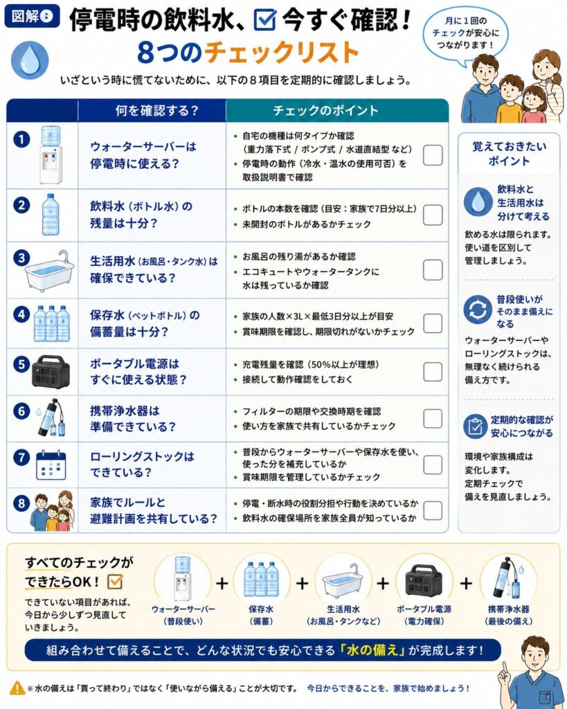 停電・断水時に備える飲料水チェックリストの図解。ウォーターサーバーの予備ボトル、停電時の給水方法、取扱説明書の保管場所、ポータブル電源での動作確認、ペットボトル保存水の備蓄、家族人数3日分以上の飲料水確保、ウォータータンクの準備、給水車への対応方法などをチェックリスト形式でまとめている。最後に「飲料水・生活用水・ポータブル電源を組み合わせて備えることが家族の安心につながる」と紹介している。