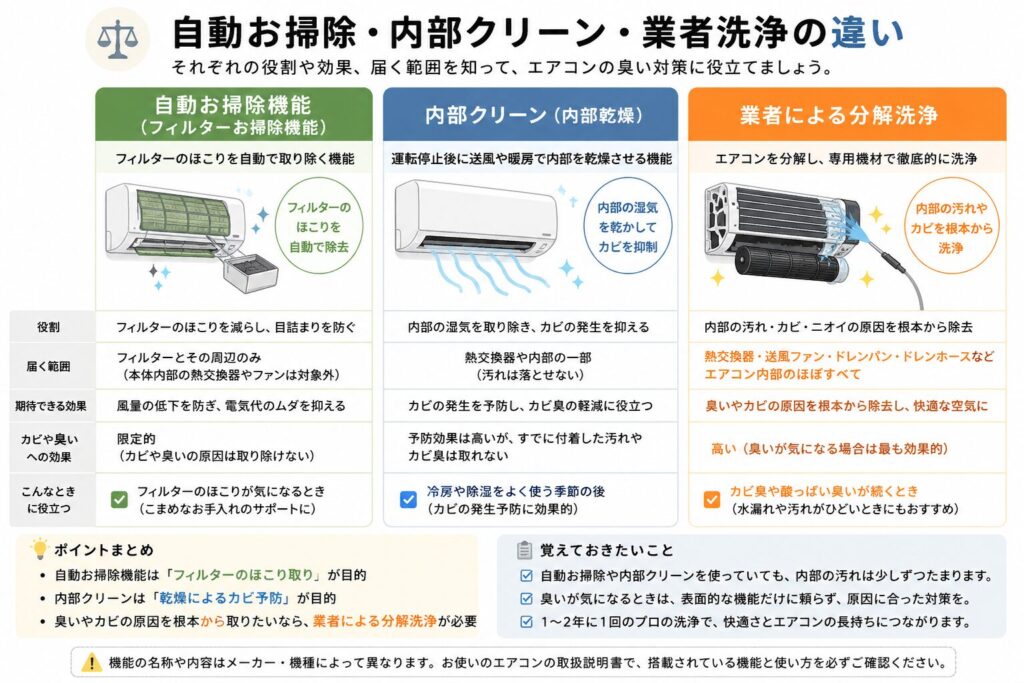 エアコンの自動お掃除機能、内部クリーン、業者による分解洗浄の違いを3列で比較した図解。
自動お掃除機能は、主にフィルターのほこりを自動で取り除く機能であり、熱交換器や送風ファンなど内部全体の汚れやカビを落とすものではないことを示している。
内部クリーンは、冷房や除湿の停止後に送風や暖房で内部を乾燥させ、カビの発生を抑える予防機能である一方、すでに付着した汚れやカビ臭を完全に取り除くことはできないと説明している。
業者による分解洗浄は、エアコンを分解して熱交換器、送風ファン、ドレンパンなどを専用機材で洗浄し、内部の汚れや臭いの原因を取り除く方法として示している。
あわせて、機能の名称や範囲はメーカーや機種によって異なるため、取扱説明書を確認すること、臭いや黒い汚れが続く場合は表面的な機能だけに頼らず業者へ相談することをまとめている。
