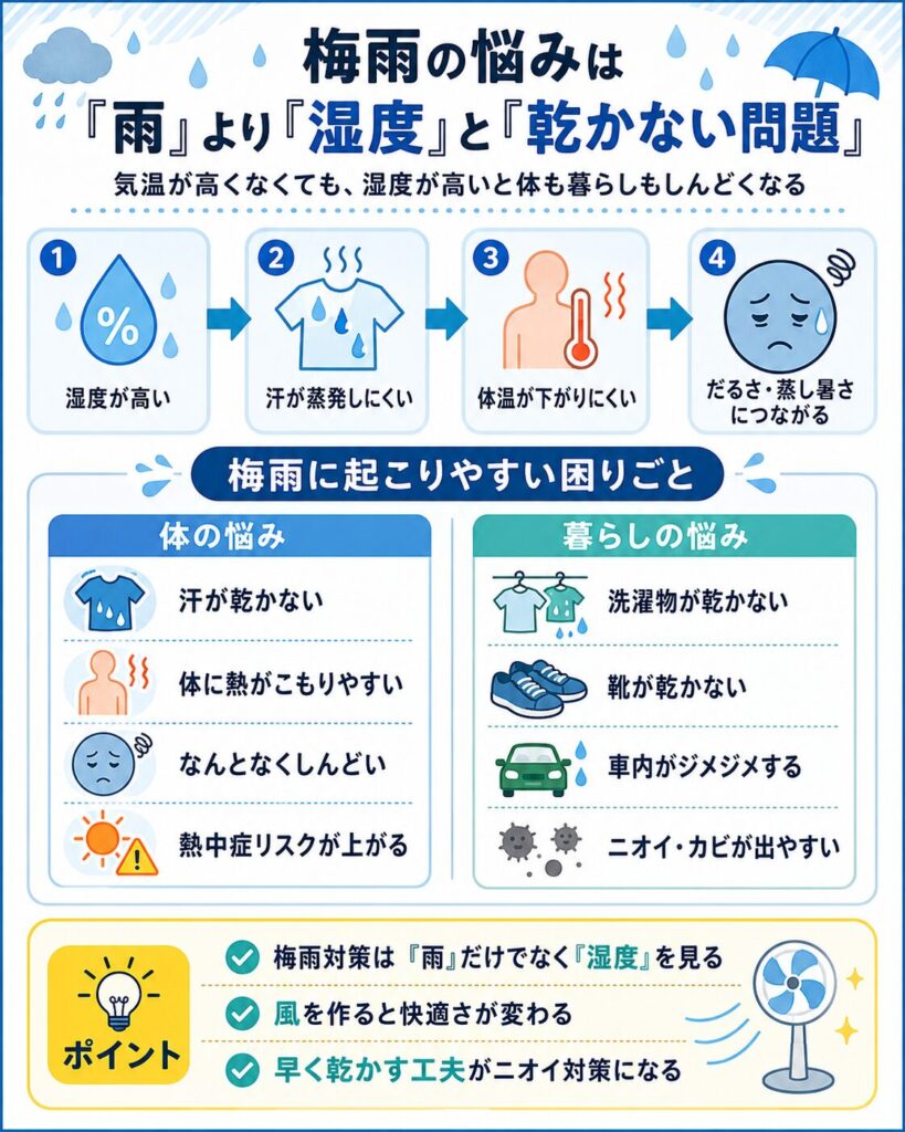 梅雨時期の悩みは「雨」よりも「湿度」と「乾かない問題」が大きいことをまとめた図解。湿度が高いと汗が蒸発しにくくなり、体温が下がりにくく、だるさや蒸し暑さにつながる流れを4ステップで解説している。体の悩みとして、汗が乾かない、体に熱がこもりやすい、なんとなくしんどい、熱中症リスクが上がることを紹介。暮らしの悩みとして、洗濯物が乾かない、靴が乾かない、車内がジメジメする、ニオイやカビが出やすいことを紹介している。梅雨対策では雨だけでなく湿度を見ること、風を作ること、早く乾かす工夫がニオイ対策になることを分かりやすく示した湿気対策の図解。