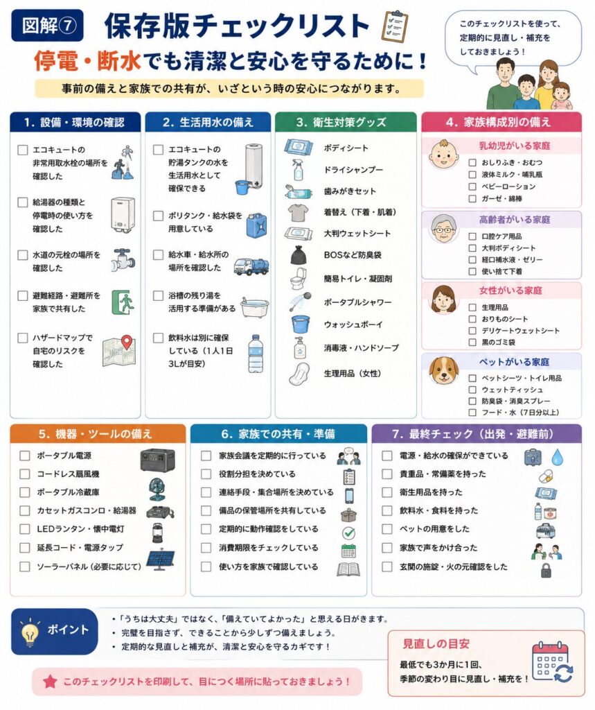 停電・断水時に家族の衛生と安全を守るための保存版チェックリスト。住宅設備や非常用取水栓の確認、生活用水・飲料水の備蓄、ドライシャンプーやボディシート、簡易トイレ、防臭袋などの衛生用品、ポータブル電源やコードレス扇風機などの機器、家族構成別の備え、避難前の最終確認項目までを一覧で分かりやすくまとめた防災チェックリストです。