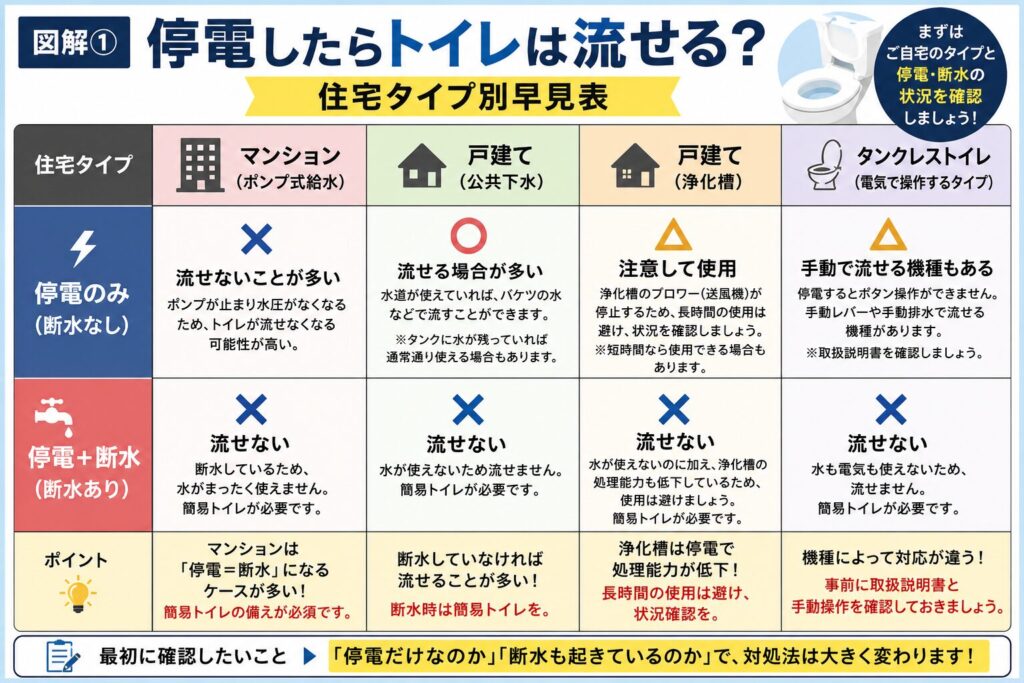 停電時にトイレが流せるかを住宅タイプ別に比較した図解。マンション(ポンプ式給水)、戸建て(公共下水)、戸建て(浄化槽)、タンクレストイレについて、「停電のみ」と「停電+断水」の場合に分けて、流せるかどうかや注意点を一覧表で解説している。最後に「停電だけなのか、断水も起きているのかで対処法は大きく変わるため、まず自宅の設備を確認することが大切」とまとめている。