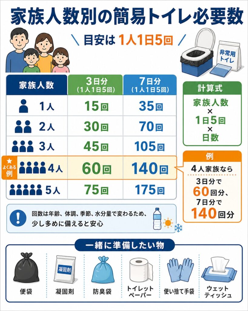 家族人数別に必要な簡易トイレの備蓄数を、3日分と7日分で比較した図解。
簡易トイレは1人1日5回を一つの目安として、「家族人数×1日5回×備蓄日数」で計算する方法を示している。
1人分は3日で15回、7日で35回。
2人分は3日で30回、7日で70回。
3人分は3日で45回、7日で105回。
4人分は3日で60回、7日で140回。
5人分は3日で75回、7日で175回となる目安を一覧にしている。
トイレの回数は年齢、体調、季節、水分摂取量などによって変わるため、少し余裕を持って備えることを案内している。
簡易トイレと一緒に、便袋、凝固剤、防臭袋、トイレットペーパー、使い捨て手袋、ウェットティッシュなども準備する必要があることを示している。