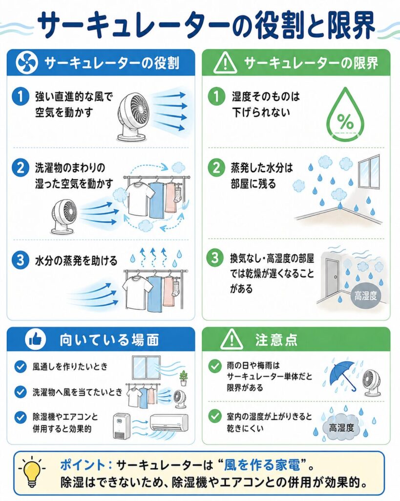部屋干しにおけるサーキュレーターの役割と限界を比較した図解。サーキュレーターは強い風で室内の空気や洗濯物周辺の湿った空気を動かし、水分の蒸発を助ける一方、室内の湿度そのものを下げたり、蒸発した水分を回収したりする機能はないことを説明している。雨の日や梅雨時期は単体では乾燥が進みにくく、エアコンや衣類乾燥除湿機との併用が効果的であることも示している。