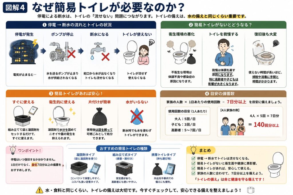 停電や断水時に簡易トイレが必要になる理由や、使用するメリット、家族人数に応じた備蓄の目安をまとめた図解。