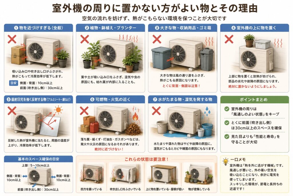 エアコン室外機の周辺に置かない方がよい物をまとめた図解。段ボールや収納箱、植木鉢、ゴミ箱、室外機の上に置いた物、反射材、可燃物、水がたまる容器などが、吹き出し口や吸い込み口をふさぎ、熱や湿気をこもらせ、冷房効率の低下や故障、火災の原因になる可能性を示している。
