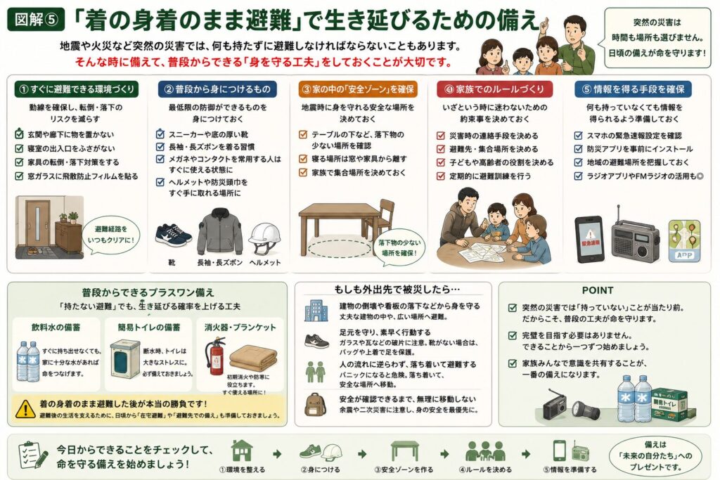 防災用品を保管場所ごとに仕分ける考え方をまとめた図解。玄関、リビング、寝室、車、職場それぞれに備えておきたい防災用品を一覧で紹介している。