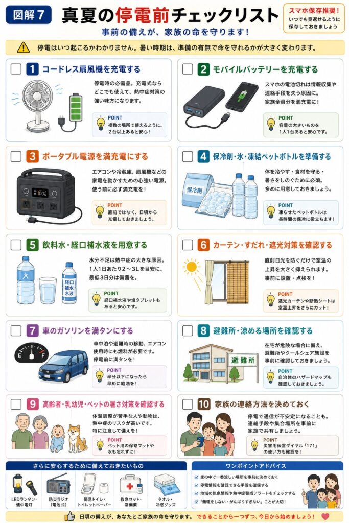 【代替テキスト】  真夏の停電に備えて事前に確認しておきたい防災対策をチェックリスト形式でまとめた図解。コードレス扇風機・モバイルバッテリー・ポータブル電源の充電、保冷剤・氷・凍結ペットボトルの準備、飲料水や経口補水液の備蓄、カーテンやすだれによる遮熱対策、車のガソリンを満タンにしておくこと、避難所や涼める場所の確認、高齢者・乳幼児・ペットの暑さ対策、家族の連絡方法の共有など、停電前に準備しておきたい10項目をイラスト付きで分かりやすく解説。さらに、LEDランタン・防災ラジオ・簡易トイレ・救急セットなど備えておきたい防災用品や、停電時に落ち着いて行動するためのワンポイントアドバイスも掲載した、真夏の停電・熱中症対策に役立つ保存版インフォグラフィック。