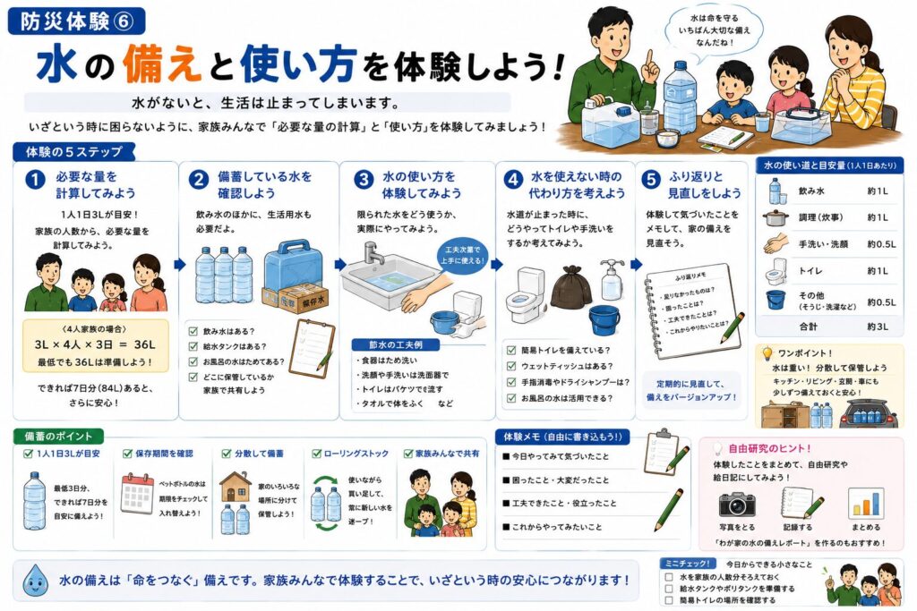 家族で必要な飲み水の量を計算し、水の備蓄や使い方を学ぶ防災体験の図解。1人1日3リットルを目安に家族分を計算し、生活用水や簡易トイレの重要性、自由研究への活用方法も紹介している。