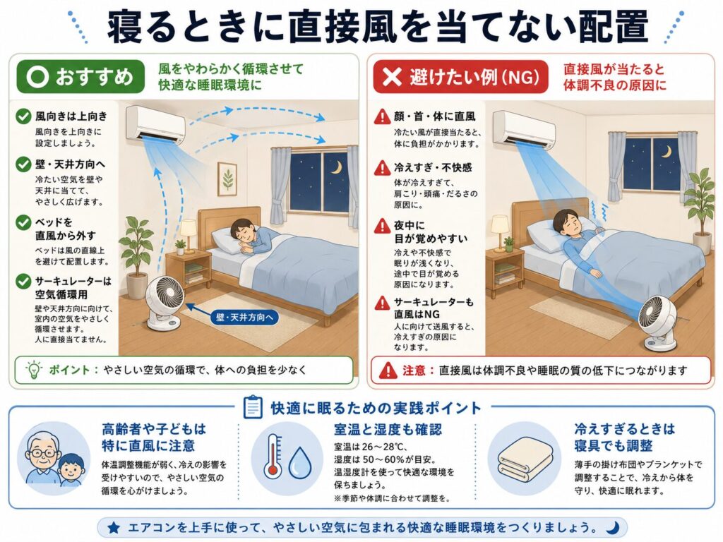 寝るときにエアコンやサーキュレーターの風を身体へ直接当てない配置を示した図。風向きを上向きや壁・天井方向へ変え、ベッドを風の直線上から外し、サーキュレーターも人ではなく空気循環へ使う方法を紹介している。高齢者や子どもへの配慮、室温と湿度の確認、寝具による冷えすぎ対策も示している。
