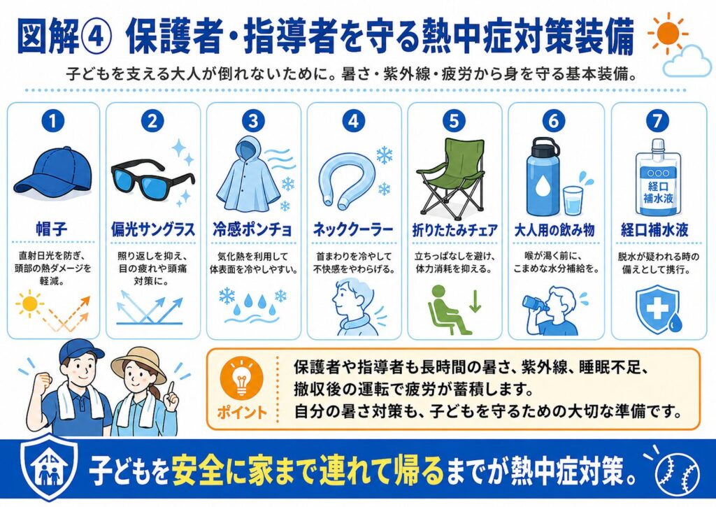 真夏の少年野球で保護者や指導者を熱中症から守るための基本装備をまとめた図解。帽子で直射日光を防ぎ、偏光サングラスで照り返しや目の疲れを軽減し、冷感ポンチョやネッククーラーで体表面や首まわりを冷やす方法を紹介している。さらに、折りたたみチェアで立ちっぱなしによる体力消耗を防ぎ、大人用の飲み物でこまめに水分補給を行い、経口補水液を脱水が疑われる時の備えとして携行することも解説。保護者や指導者も長時間の暑さ、紫外線、睡眠不足、撤収後の運転で疲労が蓄積するため、子どもを安全に家まで連れて帰るまでが熱中症対策であることを分かりやすく示した図。
