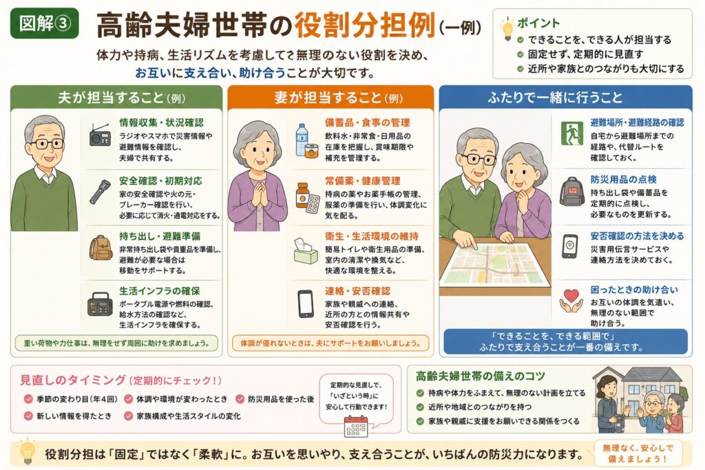 高齢夫婦の災害時の役割分担例をまとめた図解。無理に重い荷物を持たず、身体の安全を最優先にすることを前提に、お薬手帳や常備薬の持ち出し担当、補聴器・杖・老眼鏡などの保管場所の共有、ご近所への声かけ担当、避難開始のタイミングを事前に決めることなどを紹介。家庭によって役割は異なるため、一例として参考にしながら無理のない役割分担を話し合うことの大切さを分かりやすく解説した図解。