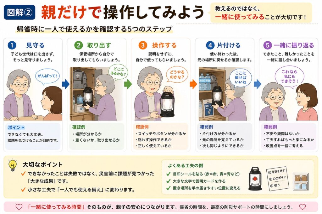 高齢の親が防災用品を一人で使えるかを家族が見守りながら確認する手順をまとめた図解。見守る・取り出す・操作する・片付ける・一緒に振り返るの5つのステップを通して、防災用品を「持っている」から「使える備え」へ変える方法を分かりやすく紹介しています。