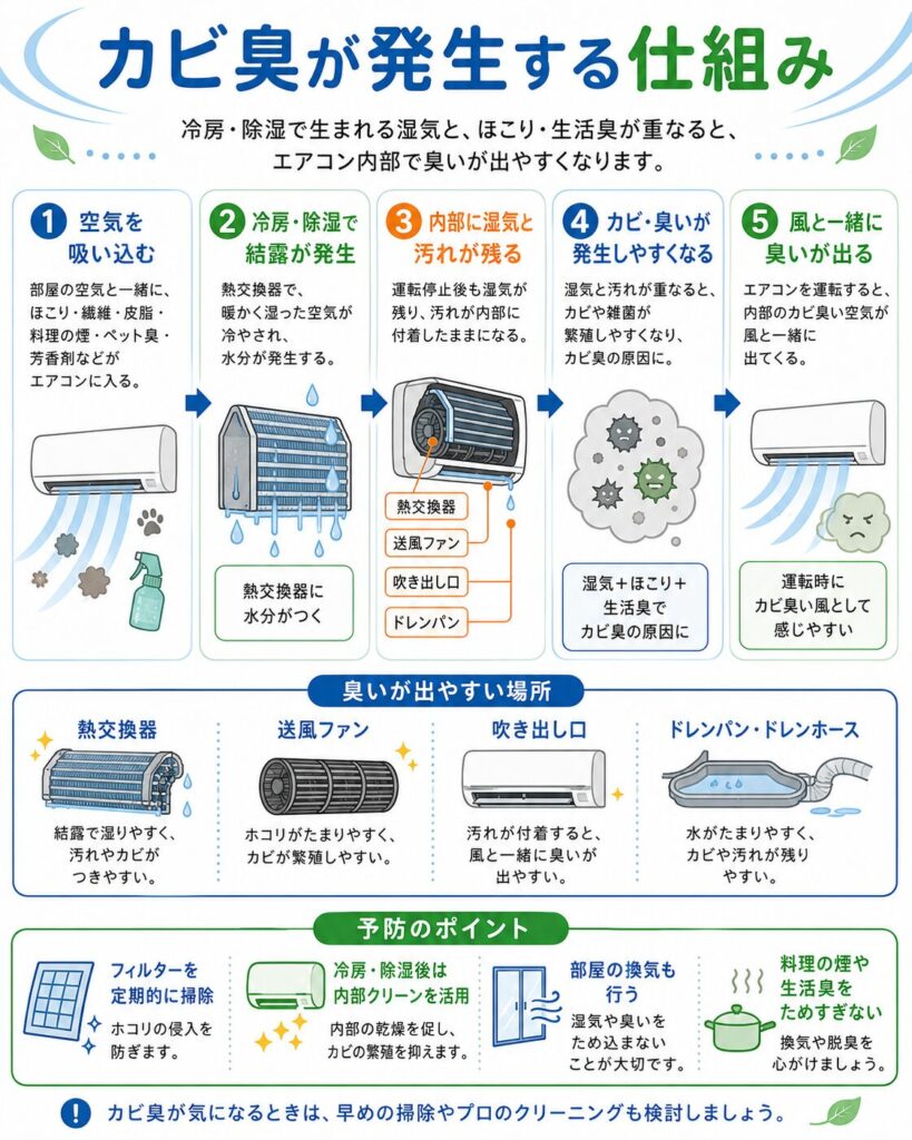 エアコンの内部でカビ臭が発生する流れを順番に説明した図解。
部屋の空気と一緒に、ほこり、繊維、皮脂、料理の煙、ペット臭、芳香剤などがエアコンに吸い込まれることから始まり、冷房や除湿で熱交換器に結露が発生し、内部に湿気と汚れが残ることで、カビや臭いが発生しやすくなる仕組みを示している。
その後、運転すると内部の臭い空気が風と一緒に吹き出し、カビ臭として感じやすくなることを説明している。
臭いが出やすい場所として、熱交換器、送風ファン、吹き出し口、ドレンパン・ドレンホースを挙げ、それぞれに湿気やほこり、汚れがたまりやすいことをまとめている。
あわせて、フィルターを定期的に掃除すること、冷房や除湿の後は内部クリーンを活用すること、部屋の換気を行うこと、料理の煙や生活臭をためすぎないことが予防のポイントであると示している。
