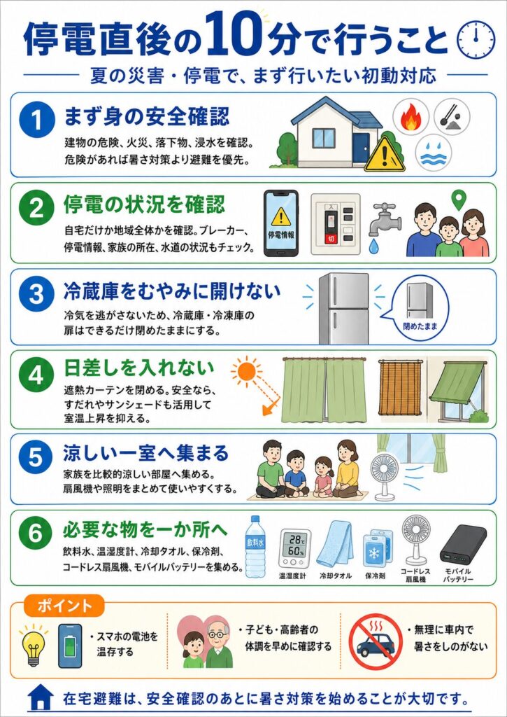 夏の災害や停電が発生した直後の10分間に行う初期対応をまとめた図解。
最初に、建物の損傷、火災、落下物、浸水など周囲の安全を確認し、危険がある場合は暑さ対策より避難を優先することを示している。
次に、自宅だけの停電か地域全体の停電かを確認し、ブレーカー、電力会社の停電情報、家族の所在、水道の状況を確認する流れを説明している。
冷気を逃がさないため、冷蔵庫と冷凍庫の扉をむやみに開けないことも示している。
室温の上昇を抑えるため、遮熱カーテンを閉め、安全に設置されているすだれやサンシェードを活用することを案内している。
家族を比較的涼しい一室へ集め、扇風機や照明をまとめて使うことで、限られた電池や電力を節約しやすくなることを説明している。
さらに、飲料水、温湿度計、冷却タオル、保冷剤、コードレス扇風機、モバイルバッテリーなどを一か所へ集めることを示している。
あわせて、スマートフォンの電池を温存すること、子どもや高齢者の体調を早めに確認すること、暑さをしのぐ目的で高温の車内へとどまらないことを注意点としてまとめている。