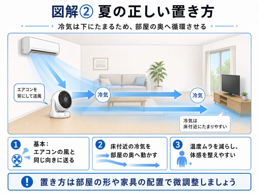 夏の冷房時におけるサーキュレーターの正しい置き方を示した図解。エアコンを背にして同じ方向へ風を送り、床付近にたまりやすい冷気を部屋の奥へ循環させる方法を説明している。