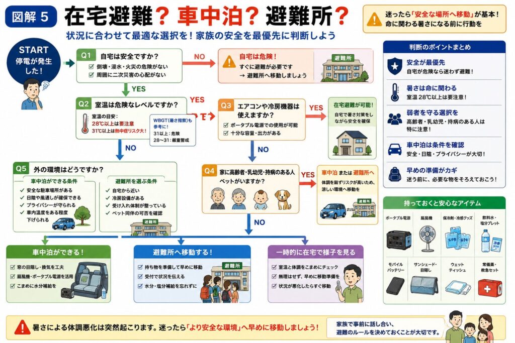 在宅避難・車中泊・避難所のどれを選ぶべきかをフローチャート形式で分かりやすく解説した図解。停電発生後、自宅の安全性、室温やWBGT（暑さ指数）、エアコンや冷房機器の使用可否、高齢者・乳幼児・持病のある方・ペットの有無、屋外環境などを順番に確認し、在宅避難・車中泊・避難所への移動を判断する流れを紹介。あわせて、安全な避難の判断ポイントや、ポータブル電源・コードレス扇風機・保冷剤・飲料水など事前に備えておきたいアイテムも掲載し、真夏の停電時に家族の命を守るための避難判断をまとめた保存版インフォグラフィック。