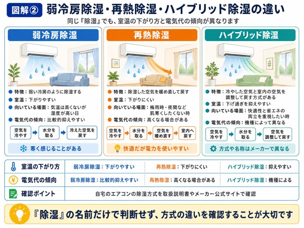弱冷房除湿、再熱除湿、ハイブリッド除湿の違いを比較した図解。弱冷房除湿は室温が下がりやすく、再熱除湿は冷やした空気を暖め直して戻すため室温が下がりにくい一方、電気代が高くなる場合があり、ハイブリッド除湿は機種ごとに仕組みや消費電力の傾向が異なることを示している。
