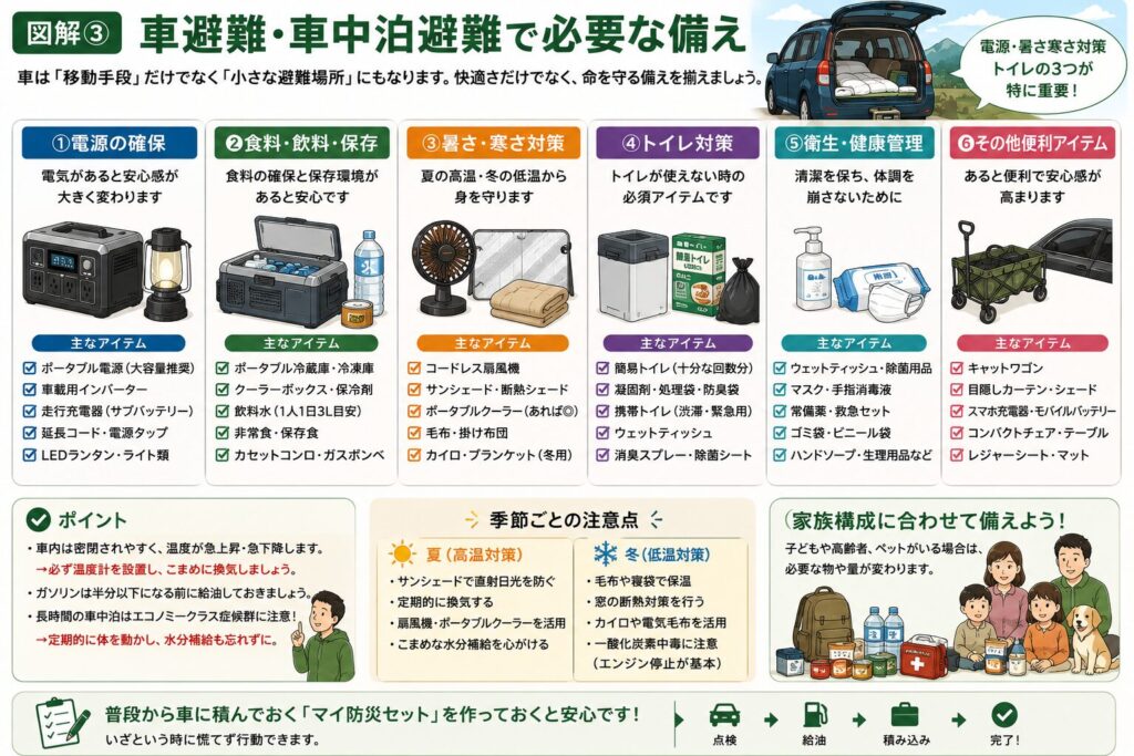 車避難・車中泊避難で必要な備えをまとめた図解。ポータブル電源、走行充電器、ポータブル冷蔵庫、コードレス扇風機、毛布、簡易トイレ、サンシェードなど、車内で安全に過ごすための防災用品を一覧で紹介している。