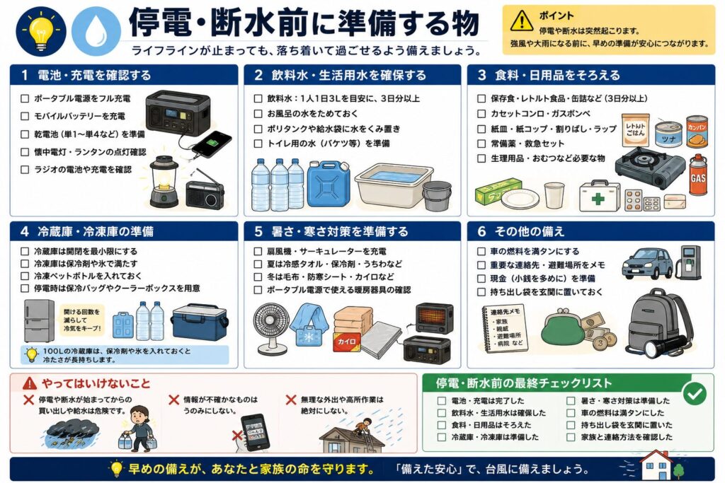 台風による停電や断水へ備えて、事前に準備したい物をまとめた図解。
電源の備えとして、ポータブル電源、モバイルバッテリー、乾電池、懐中電灯、LEDランタン、防災ラジオの充電や動作確認を行う内容を示している。
水の備えでは、飲料水と生活用水を分けて確保し、清潔な容器、給水袋、トイレ用の水などを準備するよう案内している。
浴槽へ水をためる場合は、小さな子どもの転落や溺水を防ぐため、浴室へ入れない対策が必要である。
食品と日用品では、加熱せず食べられる保存食、紙皿、紙コップ、ラップ、常備薬、救急用品、生理用品、介護用品などを確認する内容をまとめている。
冷蔵庫と冷凍庫は開閉回数を減らし、保冷剤、冷凍ペットボトル、保冷バッグ、クーラーボックスを準備することを示している。
暑い時期には扇風機、冷却タオル、保冷剤、うちわなどを準備し、季節に応じた体温調節用品を確認するよう説明している。
そのほか、車の燃料、重要な連絡先、避難場所、少額の現金、持ち出し袋などを確認することも示している。
停電や断水が始まってから買い物や給水へ出ないこと、不確かな情報をうのみにしないこと、雨風が強い中で屋外作業や高所作業をしないことを注意点としてまとめている。
商品の容量、保存期間、性能、付属品は製品や購入時期によって異なるため、表示やメーカー公式情報を確認する必要がある。
