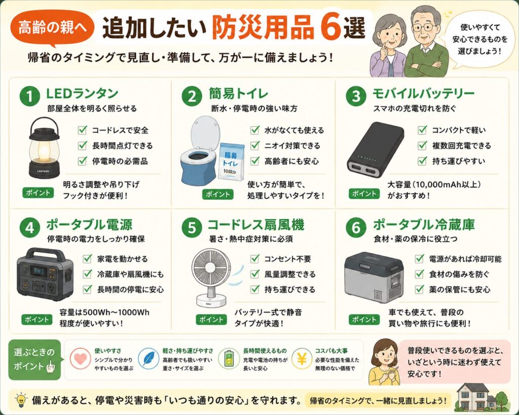 高齢の親に追加したい防災用品を分かりやすくまとめた図解です。帰省時に見直したい防災用品として、LEDランタン、簡易トイレ、モバイルバッテリー、ポータブル電源、コードレス扇風機、ポータブル冷蔵庫の6つをイラスト付きで紹介しています。それぞれの特徴や選ぶポイント、高齢者でも使いやすい理由を解説し、「普段から使えるものを備える」というフェーズフリーの考え方も紹介した、実家の停電対策や防災対策に役立つ保存版の図解です。