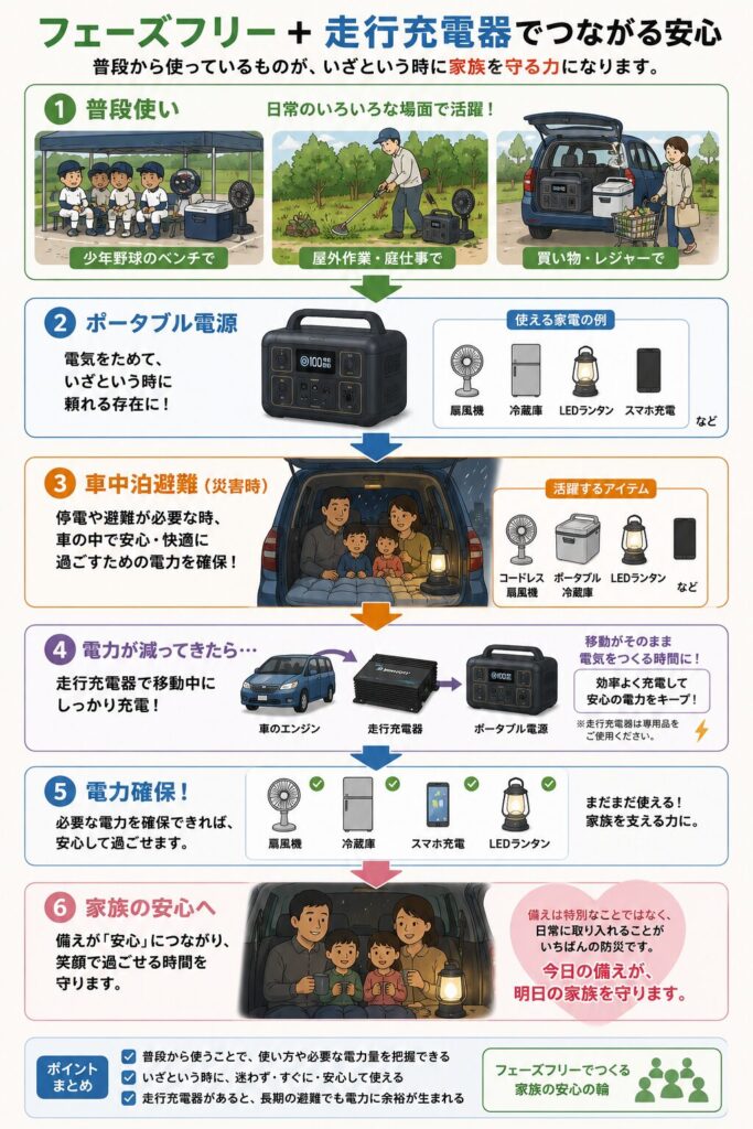 フェーズフリーと走行充電器の活用方法をまとめた図解。少年野球や屋外作業、買い物など普段の生活でポータブル電源を使い慣れることで、災害時の車中泊避難でもコードレス扇風機、ポータブル冷蔵庫、LEDランタン、スマートフォン充電などを安心して活用できる流れを紹介しています。また、電力が減った際は走行充電器を利用して移動中にポータブル電源を充電し、長期間の避難でも電力を確保するフェーズフリーの考え方を分かりやすく解説した図解です。