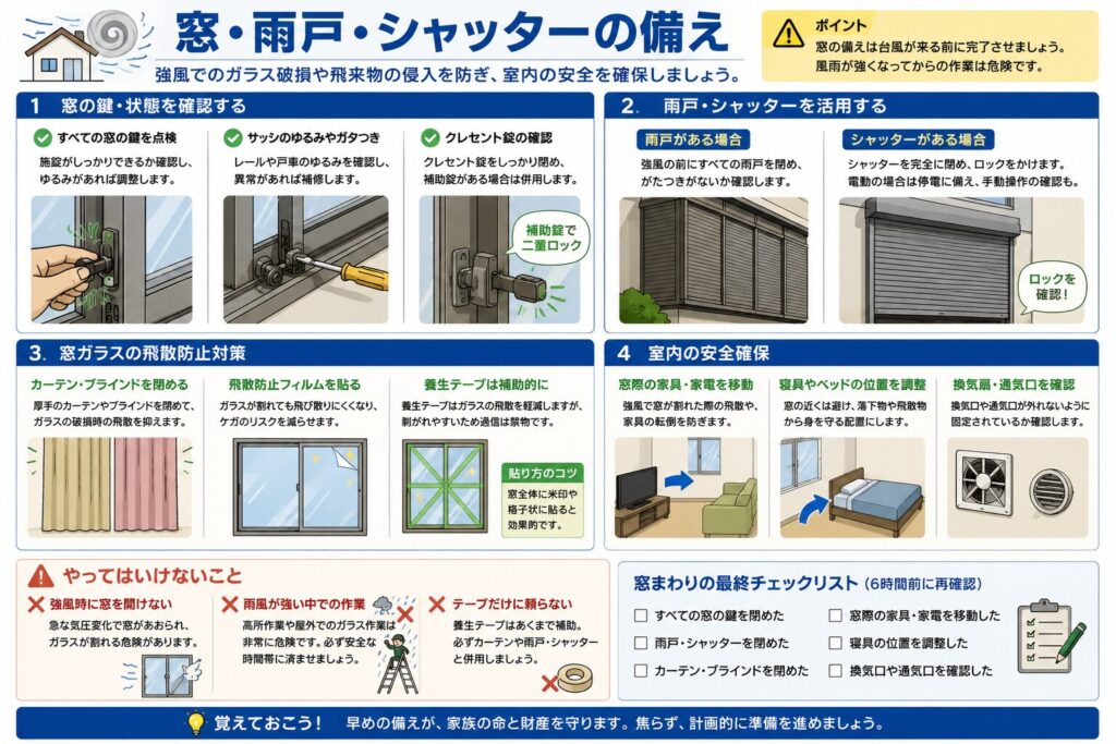 台風前に確認したい窓、雨戸、シャッターの備えをまとめた図解。
窓の鍵が最後まで閉まるか、サッシにゆがみやがたつきがないか、補助錠が使えるかを確認する内容を示している。
雨戸やシャッターがある場合は、風雨が強くなる前に閉め、正常に動くか、ロックできるかを早めに確認するよう案内している。
雨戸やシャッターがない窓では、カーテンやブラインドを閉め、飛散防止フィルムを使用する場合は対応するガラスや施工条件を事前に確認することを説明している。
養生テープだけで窓ガラスが割れなくなるわけではなく、飛散物を減らすためにベランダや庭を片付け、窓から離れて過ごすことを優先するよう示している。
室内では、窓際の家具や家電、寝具を離し、換気口や通風口が外れないか確認することもまとめている。
強風時に窓を開けないこと、雨風が強くなってから高所作業や屋外作業をしないこと、テープだけに頼らないことを注意点として示している。
