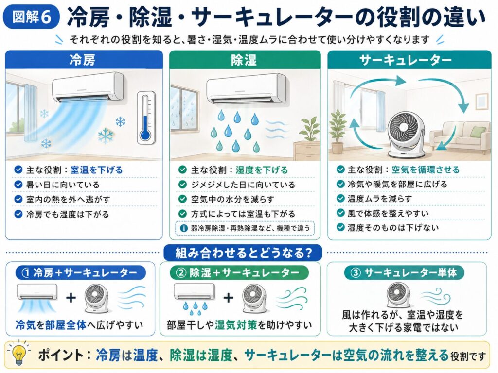 冷房、除湿、サーキュレーターの役割の違いを比較した図解。冷房は室温を下げ、除湿は空気中の水分を減らし、サーキュレーターは空気を循環させて冷気や暖気を部屋全体へ広げる役割があることを示している。
