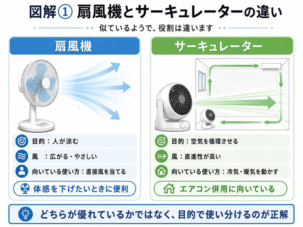 扇風機とサーキュレーターの違いを比較した図解。扇風機は人が涼むために広がるやさしい風を送り、サーキュレーターは直進性の高い風で冷気や暖気を循環させる特徴を示している。