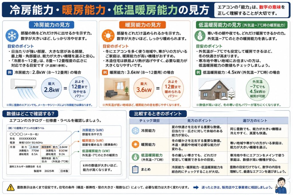 エアコンの冷房能力・暖房能力・低温暖房能力の見方をまとめた図。冷房能力は部屋の熱を外へ運ぶ力、暖房能力は部屋を暖める力、低温暖房能力は外気温が低いときの暖房性能を示すことを説明している。カタログや仕様表のkW表示を確認し、畳数だけでなく、日当たり、住宅の断熱性、地域の寒さ、暖房の使い方まで含めて選ぶ必要があることを示している。