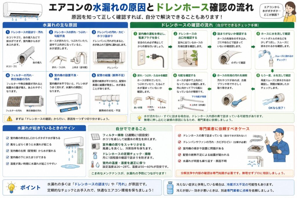 エアコンの水漏れが起こる主な原因と、ドレンホースを安全に確認する手順をまとめた図解です。ドレンホースの詰まりや折れ・つぶれ、ドレンパンの汚れ、フィルターの目詰まりなど水漏れの原因を紹介するとともに、家庭で確認できるポイントと専門業者へ相談すべきケースをイラスト付きで分かりやすく解説しています。