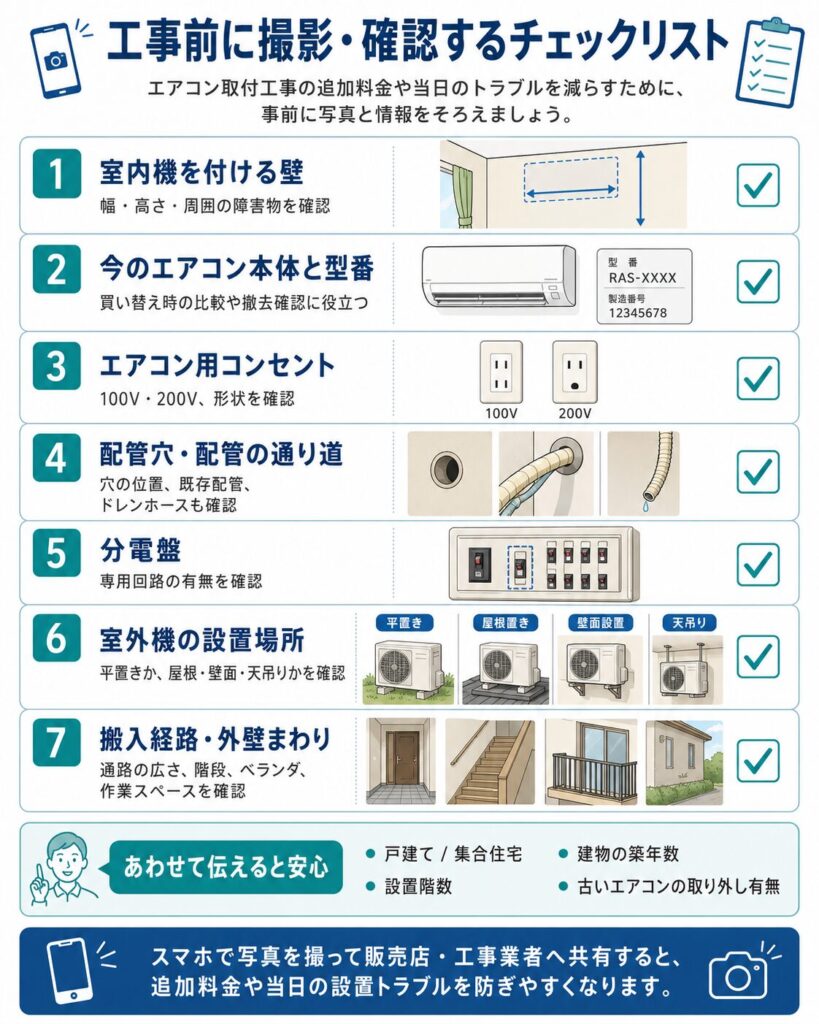 エアコン取付工事の前に撮影・確認しておきたい項目をまとめたチェックリスト。室内機を取り付ける壁、現在のエアコン本体と型番、100V・200Vの専用コンセント、配管穴と配管の通り道、分電盤、室外機の設置場所、搬入経路や外壁まわりを確認する内容を示している。戸建てか集合住宅か、設置階数、建物の築年数、古いエアコンの取り外し有無もあわせて伝え、写真を販売店や工事業者へ共有することで、追加料金や当日の設置トラブルを防ぎやすくなる。
