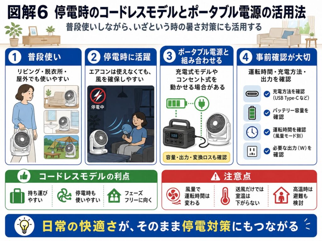 停電時にコードレスサーキュレーターとポータブル電源を活用する方法を示した図解。普段使いできるコードレスモデルを停電時の送風に使い、充電方法、バッテリー容量、運転時間、必要な出力、変換ロスを事前に確認する重要性を説明している。