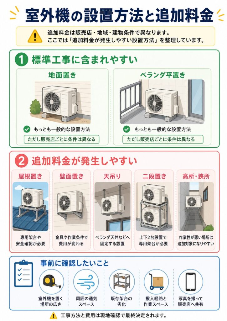 エアコン室外機の設置方法と追加料金が発生しやすい条件をまとめた図。標準工事に含まれやすい地面置きとベランダ平置きに対し、屋根置き、壁面置き、天吊り、二段置き、高所や狭い場所への設置は追加料金が発生しやすいことを示している。購入前に室外機置き場の広さ、周囲の通気スペース、既存架台の劣化、搬入経路、作業スペースを確認し、写真を販売店へ共有することが重要である。