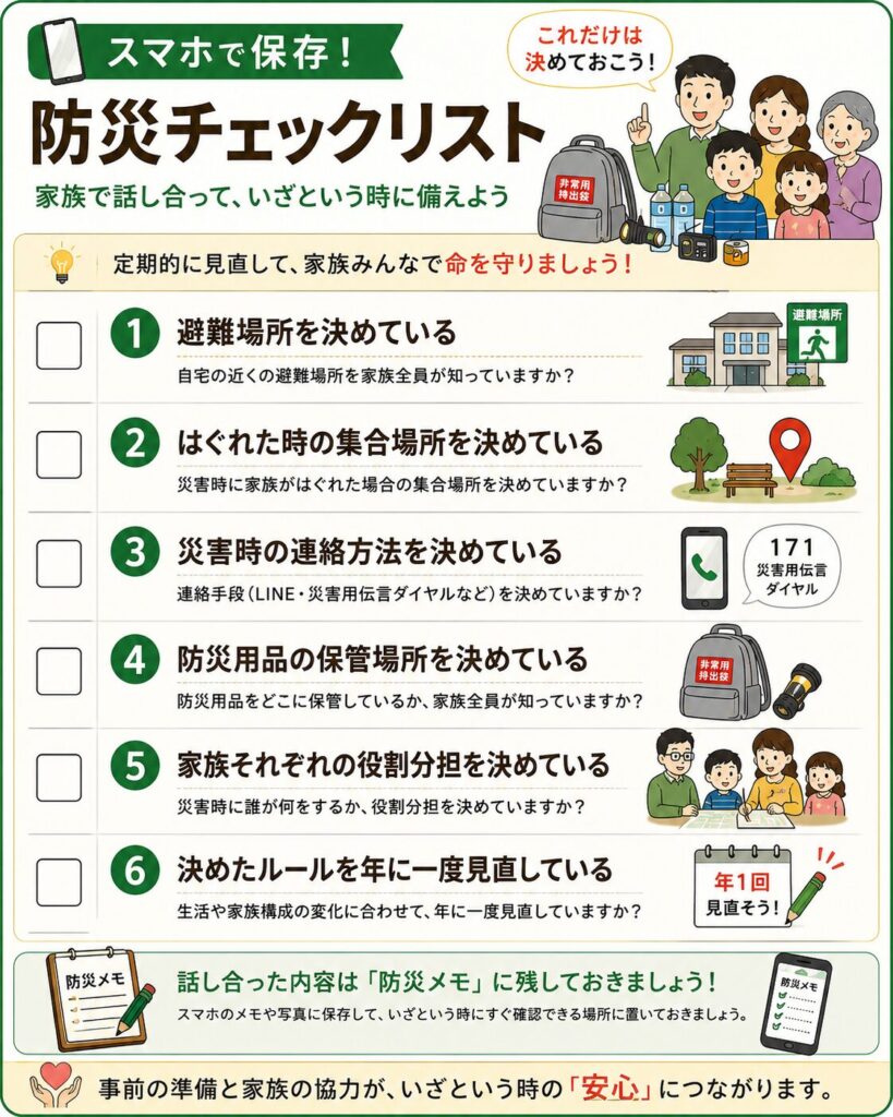 スマートフォンで保存できる災害時の家族向け防災チェックリスト。①避難場所を家族全員が知っている、②はぐれた時の集合場所を決めている、③災害時の連絡方法を決めている、④防災用品の保管場所を全員が把握している、⑤家族それぞれの役割分担を決めている、⑥決めたルールを年に一度見直している、という6項目をチェック形式で分かりやすくまとめた保存版図解。家族で話し合った内容を防災メモに残し、定期的に見直すことの大切さも紹介している。