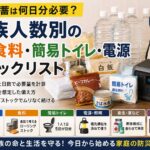 家族人数別に必要な防災備蓄を、水、食料、簡易トイレ、電源の項目でまとめたアイキャッチ画像。 飲料水は1人1日3リットル、簡易トイレは1人1日5回を一つの目安として、3日分から7日分の備蓄を考える内容を示している。 保存水、缶詰、レトルト食品、簡易トイレ、ポータブル電源、LEDランタン、救急用品などを配置し、在宅避難、ローリングストック、分散収納、定期点検の重要性を表している。