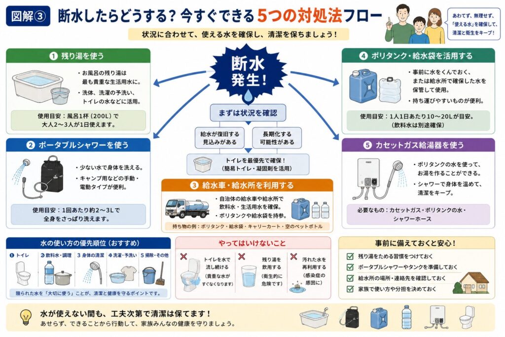 断水が発生した際の対処法をフローチャート形式でまとめた図解。浴槽の残り湯の活用、ポータブルシャワー、給水車・給水所、ポリタンクや給水袋、カセットガス給湯器など5つの対処法を紹介し、水の優先的な使い方や、やってはいけない行動、事前に備えておきたい防災用品まで分かりやすく解説しています。
