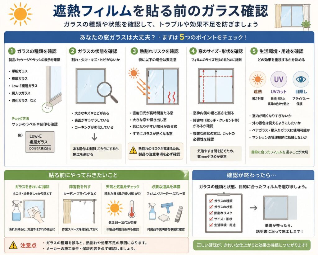 遮熱フィルムを貼る前に確認したい窓ガラスの種類と状態をまとめた図解。
単板ガラス、複層ガラス、Low-E複層ガラス、網入りガラス、強化ガラスなどの種類を、サッシのラベルやガラスの刻印で確認する流れを示している。
また、ひび、欠け、傷、表面の劣化、コーキングの傷みがないかを確認し、異常がある場合は施工を避けるか、事前に補修を検討することを説明している。
直射日光が長時間当たる窓、大きな窓、掃き出し窓、すでにガラスが熱くなりやすい窓などは、熱割れのリスクに注意する必要があることを示している。
フィルムのサイズを決めるために窓枠内側の幅と高さを測り、取っ手やクレセントなどの障害物も確認するよう案内している。
さらに、遮熱、紫外線対策、目隠しなど、求める効果に合う商品を選び、使用できるガラスの種類、施工条件、保証内容をメーカー公式情報で確認することが大切であるとまとめている。
貼る前には、ガラスの清掃、作業スペースの確保、天候と気温の確認、必要な道具の準備を行うことも示している。
