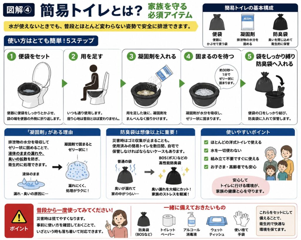 防災用簡易トイレの仕組みと使い方を解説した図解。簡易トイレの基本構成として「便袋・凝固剤・防臭袋」の3点を紹介し、①便袋を便器にセットする、②普段通り使用する、③凝固剤を入れる、④ゼリー状に固まるまで待つ、⑤袋を縛って防臭袋へ入れる、という5つの手順をイラスト付きで説明している。あわせて、凝固剤が排泄物を固めて漏れや臭いを防ぐ役割、防臭袋(BOSなど)が臭いを抑えて衛生的に保管できる理由、一緒に備えたいトイレットペーパー・アルコール消毒液・ウェットティッシュ・使い捨て手袋なども紹介している。