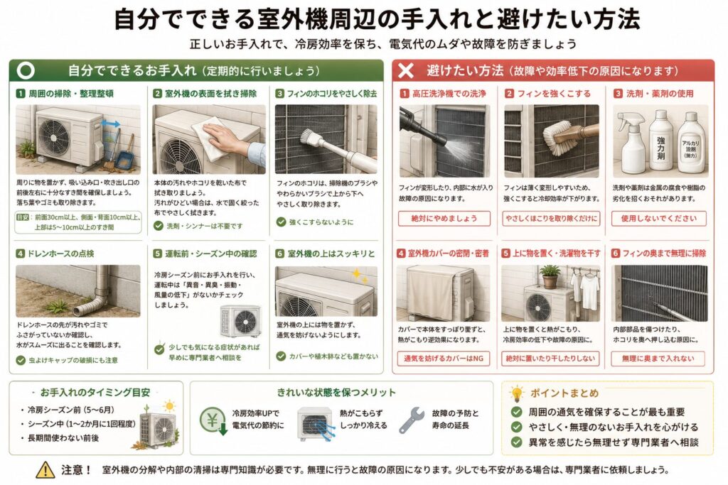 エアコン室外機の周辺で自分でできる手入れと、避けたい掃除方法を比較した図解。周囲の落ち葉やゴミを取り除き、外装を柔らかい布で拭き、ドレンホースや異音を確認する方法を示している。一方、高圧洗浄機、強いブラシ、洗剤や薬剤、密閉カバー、室外機の上へ物を置くこと、内部へ道具を入れる行為は避けるよう説明している。

