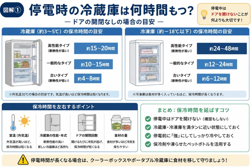 【抜粋】
停電したら冷蔵庫は何時間もつのか、食材を守るために何をすればよいのかを解説。冷蔵庫を開けない理由、保冷剤・凍結ペットボトル・クーラーボックス・ポータブル冷蔵庫・ポータブル電源の活用法、食材を食べるか捨てるかの判断基準まで分かりやすくまとめました。