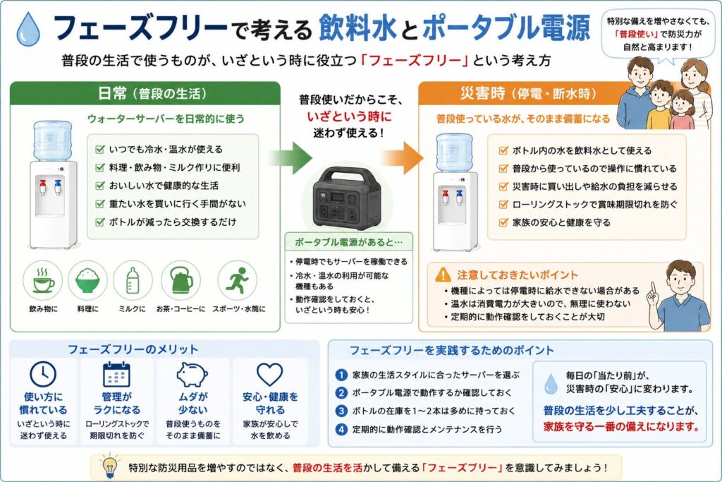 フェーズフリーの考え方を紹介した図解。左側ではウォーターサーバーを普段の生活で飲み水、料理、ミルク作り、お茶・コーヒー、スポーツなどに活用する様子を示し、中央ではポータブル電源と組み合わせることで停電時にも対応できる可能性を紹介。右側では災害時に普段使っているボトルの水がそのまま飲料水備蓄となり、ローリングストックや家族の安心につながることを解説している。最後に「普段使いが災害時の備えになる」というフェーズフリーの考え方をまとめている。