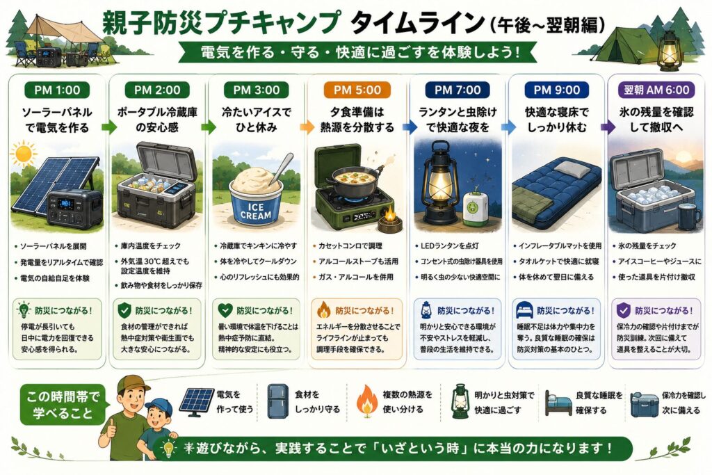 親子で楽しみながら防災を学ぶプチキャンプの午後から翌朝までの流れをまとめたタイムライン図。ソーラーパネルによる発電、ポータブル冷蔵庫の活用、アイスでのクールダウン、カセットコンロによる調理、ランタンでの夜間照明、快適な就寝、翌朝のクーラーボックスの氷の残量確認までを時系列で紹介し、防災につながるポイントを分かりやすく解説した図。