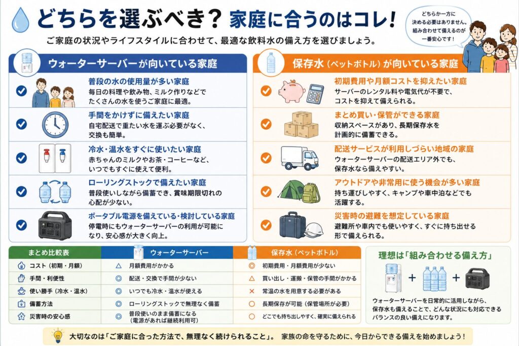 ウォーターサーバーが向いている家庭と、保存水（ペットボトル）が向いている家庭を比較した図解。左側では「乳幼児がいる家庭」「高齢者がいる家庭」「水の消費量が多い家庭」「重い水を運ぶ負担を減らしたい家庭」「防災と日常使いを両立したい家庭」など、ウォーターサーバーが適しているケースを紹介。右側では「水の消費量が少ない家庭」「コストを優先したい家庭」「設置スペースが少ない家庭」「最低限の備蓄をしたい家庭」など、保存水が向いているケースを紹介している。最後に「どちらか一方ではなく、家庭に合った方法を選ぶことが大切」とまとめている。