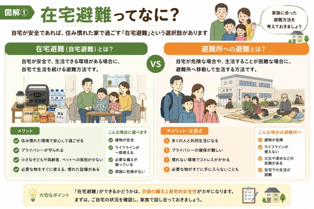 在宅避難(自宅避難)と避難所への避難の違いを比較した図解。自宅が安全な場合は住み慣れた家で生活を続ける「在宅避難」という選択肢があることを紹介し、それぞれのメリット・注意点や、在宅避難を選べる条件、避難所へ避難すべき状況を分かりやすくまとめています。