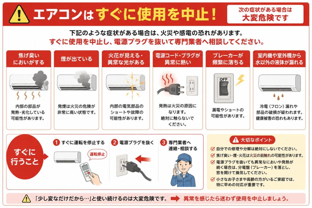 エアコンで焦げ臭いにおい、煙、火花や異常な光、電源コードやプラグの異常発熱、ブレーカーが繰り返し落ちる、水以外の液体が漏れるなどの症状がある場合は、すぐに使用を中止する必要があることを示した図。運転を停止し、安全に操作できる場合は電源プラグを抜くか専用ブレーカーを切り、自分で分解や修理をせず専門業者へ相談する流れも説明している。