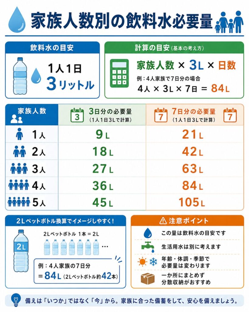 家族人数別に必要な飲料水の量を、3日分と7日分で比較した図解。
飲料水は1人1日3リットルを一つの目安とし、「家族人数×3リットル×日数」で計算する方法を示している。
1人分は3日で9リットル、7日で21リットル。
2人分は3日で18リットル、7日で42リットル。
3人分は3日で27リットル、7日で63リットル。
4人分は3日で36リットル、7日で84リットル。
5人分は3日で45リットル、7日で105リットルとなる目安を一覧にしている。
4人家族の7日分である84リットルは、2リットルのペットボトルで約42本になる例も示している。
この量は飲用と調理に使う飲料水の目安であり、手洗い、清掃、トイレなどに使う生活用水は別に考える必要があることを説明している。
必要量は年齢、体調、季節、家族構成によって変わるため、一か所へまとめず複数の場所へ分散して保管することも案内している。