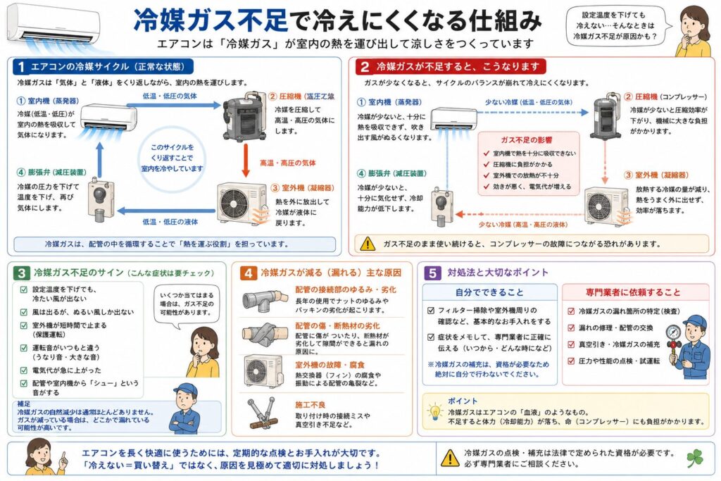 エアコンが冷えなくなる原因の一つである冷媒ガス不足の仕組みを分かりやすく解説した図解です。正常な冷却サイクルと冷媒ガス不足の状態を比較し、室内機・圧縮機・室外機・膨張弁の役割や、冷房能力が低下する理由をイラスト付きで紹介しています。また、冷媒ガス不足の主なサインや考えられる原因、自分でできることと専門業者へ依頼すべき内容についても分かりやすくまとめています。